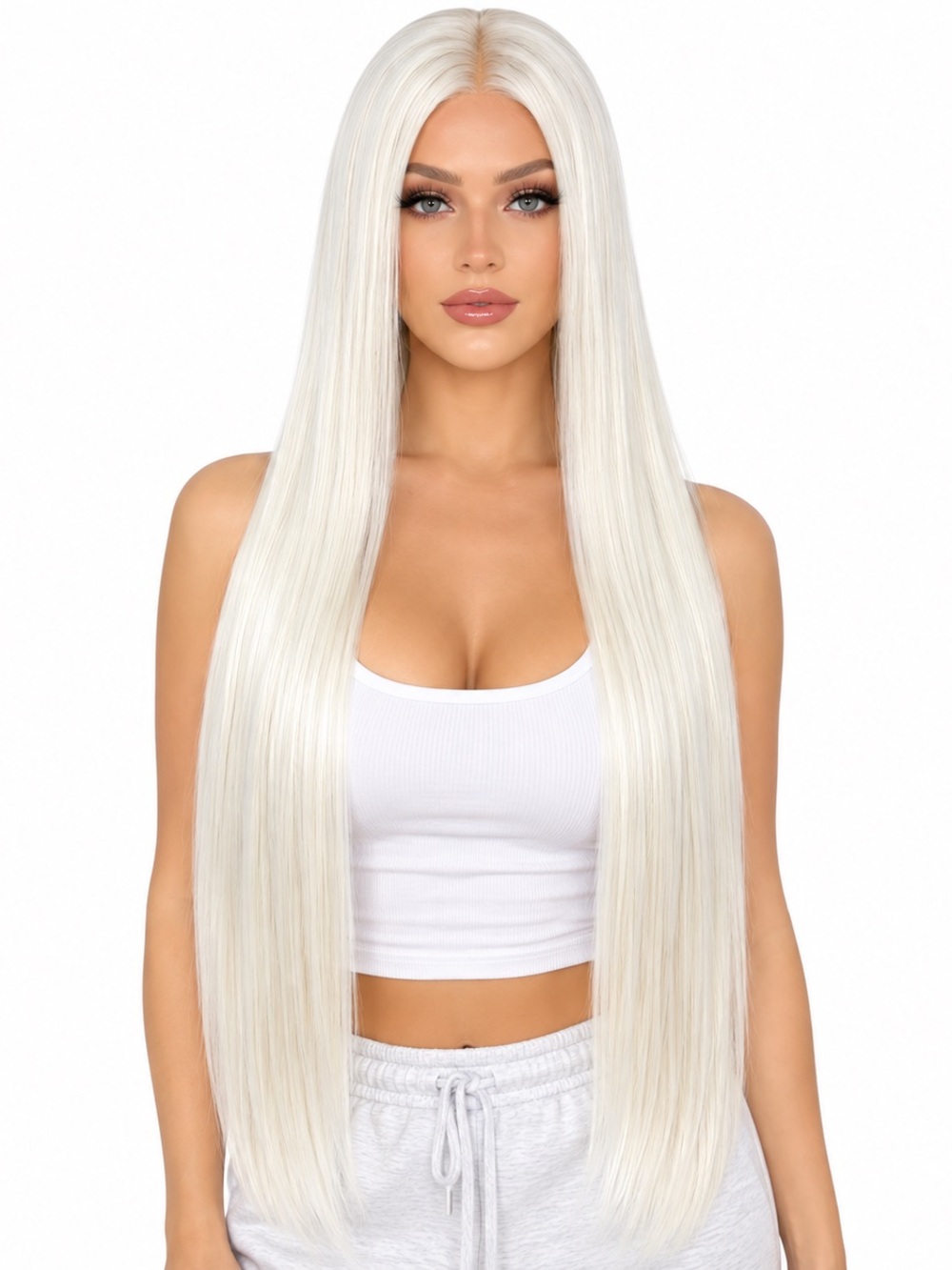 Long Straight Lace Front middle part Wig - White 28 inches long